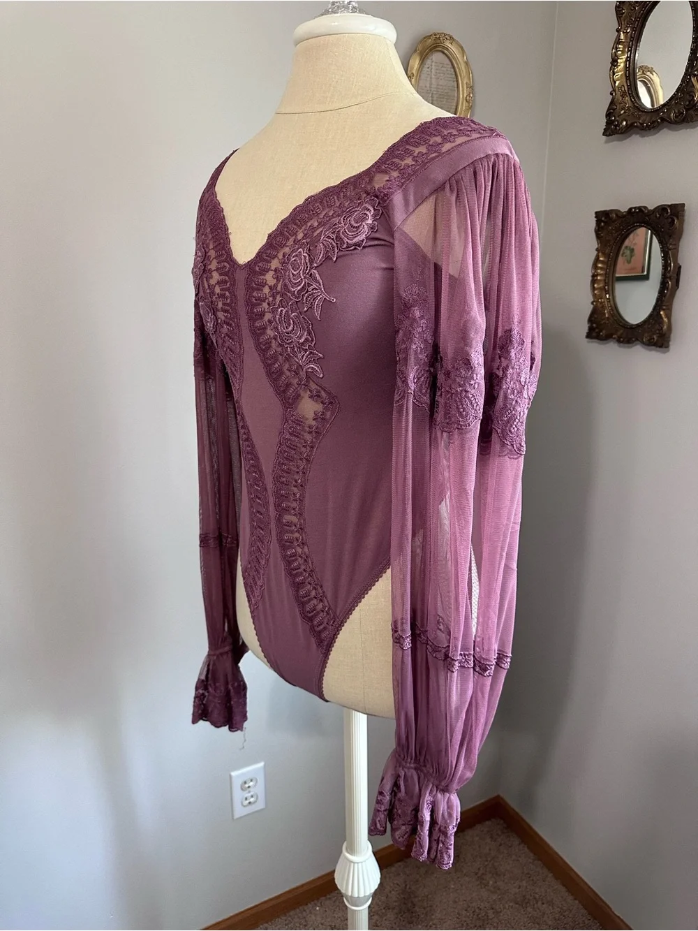 Free People Fleur Du Jour Dusty Rose Lace & Mesh Long Sleeve Bodysuit